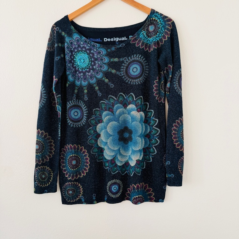 Desigual Blue Metallic Floral Sequin Sweater Long Sleeve Top